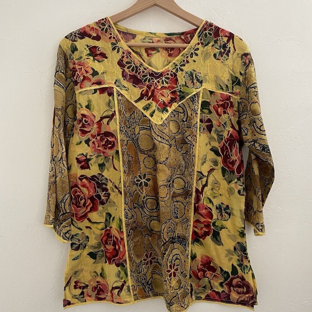VTG Handmade Women Tunic M/L Mustard Floral Embroidered Patchwork Artsy Boho 70s